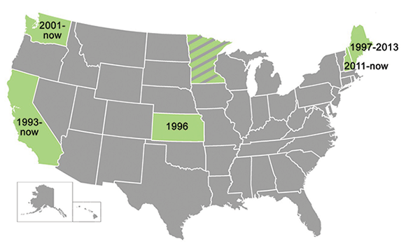 U.S. map of showing states in 2017 with all-women Senate delegations