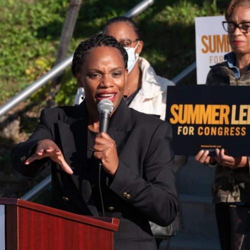 U.S. Representative Summer Lee speaking at campaign event